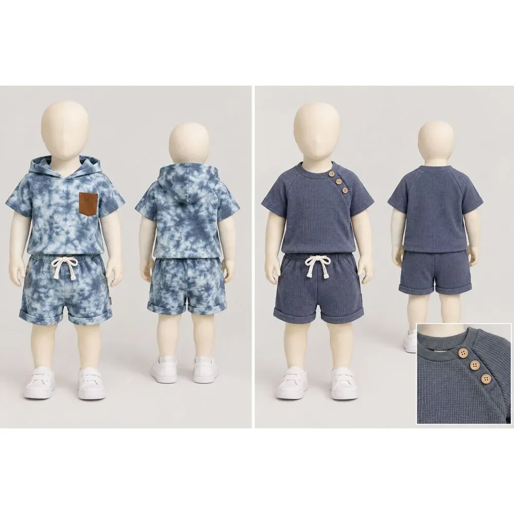 4 Piece Set 12-18 Mo. Blue Baby Boy Shorts Sets Outfits NEW Pockets and Buttons